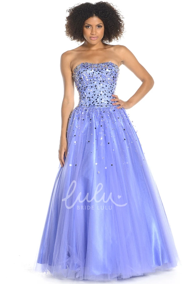 Sequined Tulle Strapless Prom Dress A-Line Maxi Style