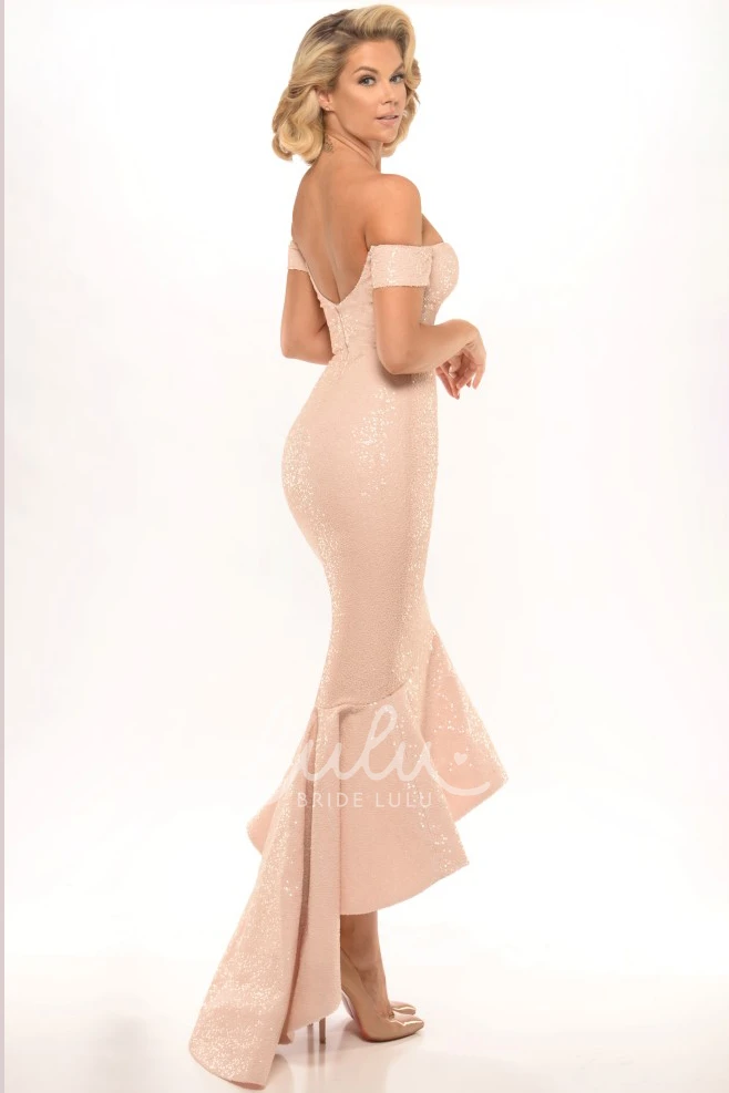 Off-The-Shoulder Sequined Mermaid Prom Dress with High-Low Hemline Modern Prom Dress