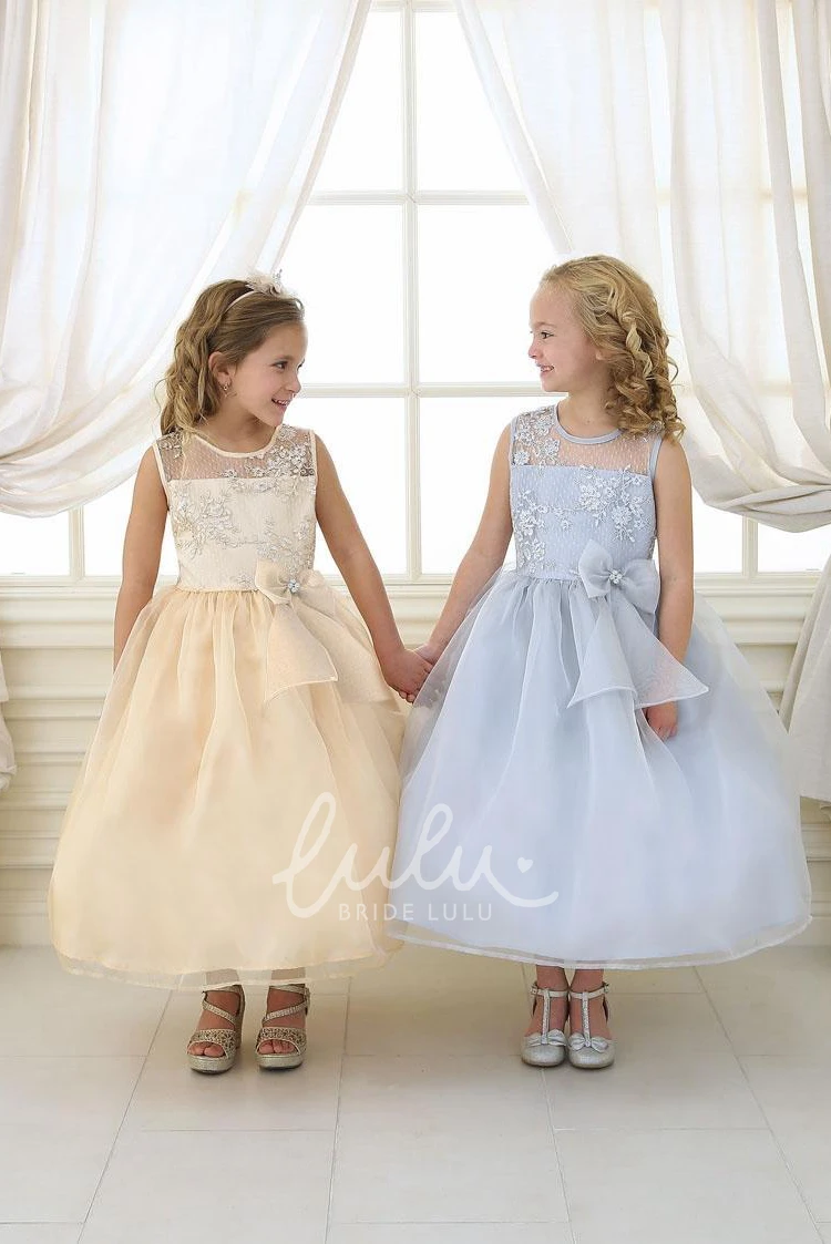 Floral Lace and Organza Flower Girl Dress with Illusion Bowed Tea-Length