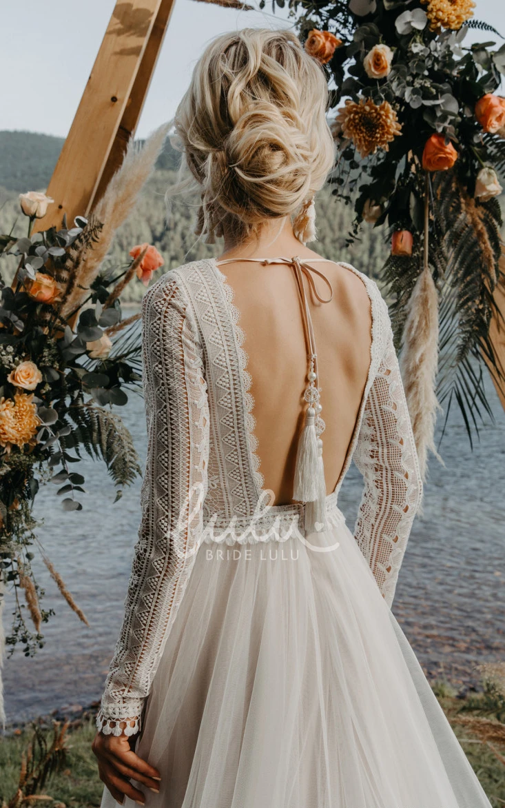 Bohemian Illusion Sleeve V-Neck Tulle Wedding Dress with Open Back Boho Wedding Dress