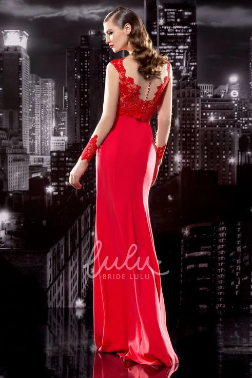 Pencil V-Neck Long Sleeve Jersey Formal Dress with Appliques Illusion Modern