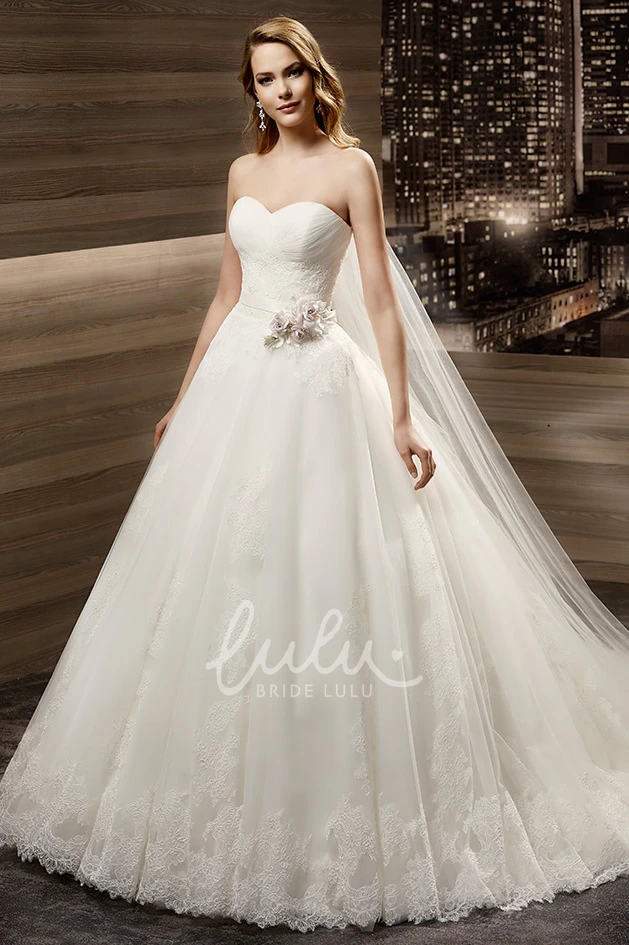 Open-Back A-Line Wedding Dress with Flower Waist and Brush Train