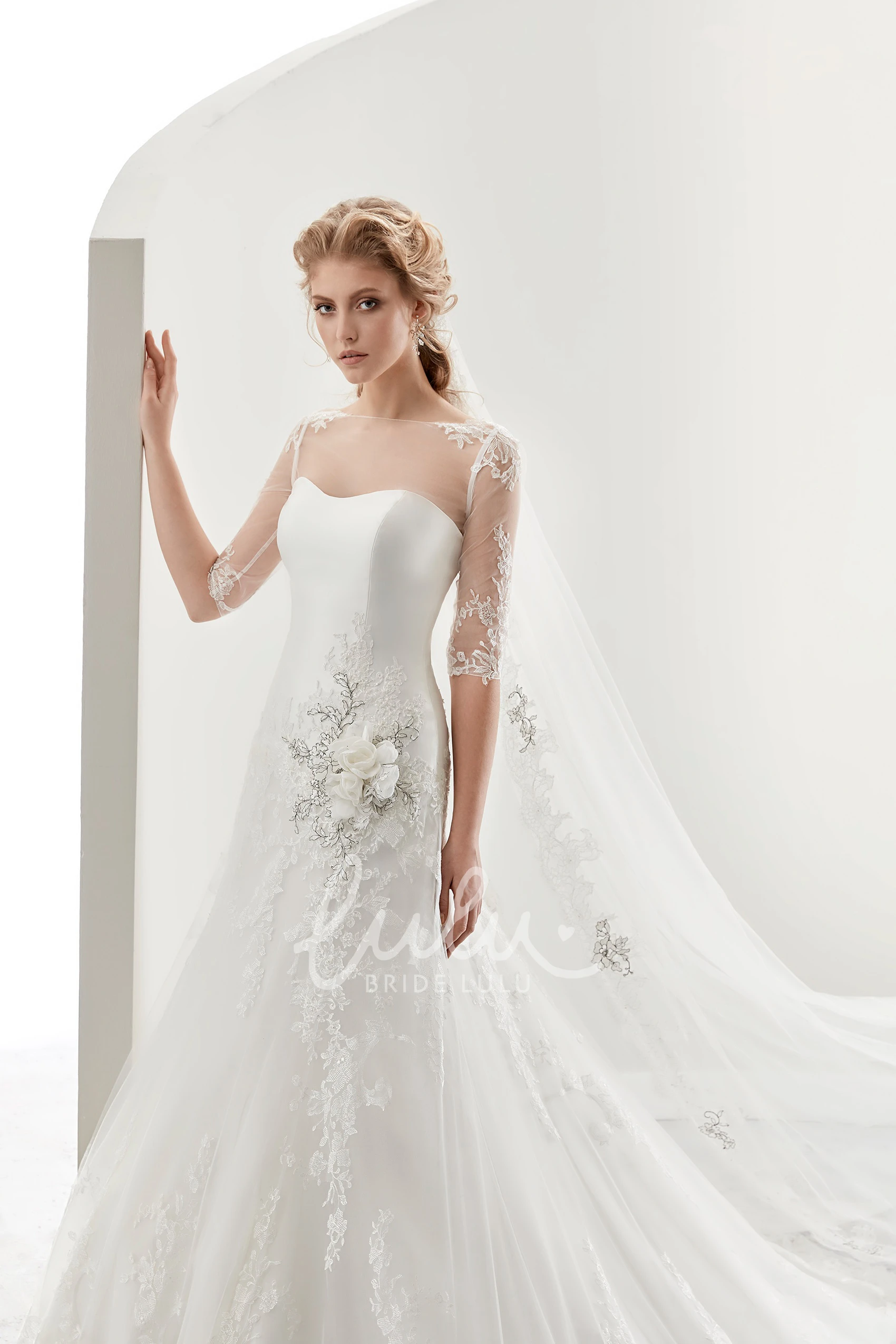 Illusion Half-Sleeve Bridal Dress with Beaded Flower Embellishment and Jewel Neckline