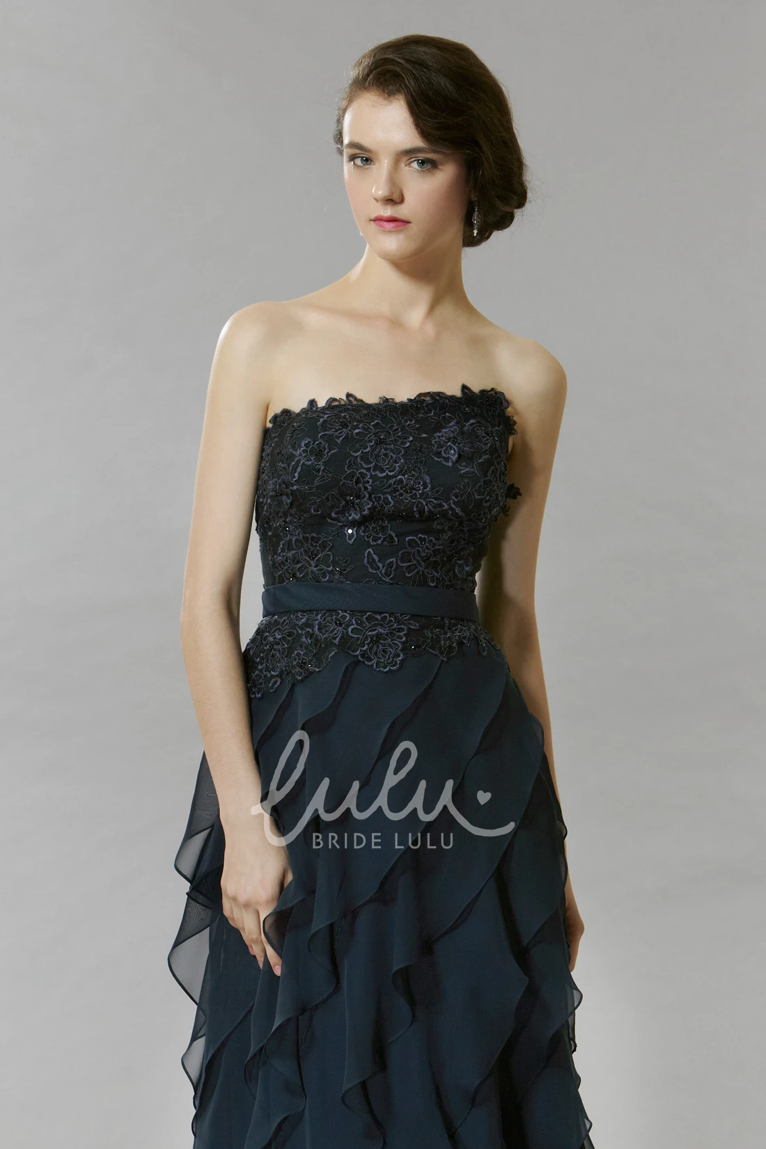 Lace Chiffon Strapless Prom Dress with Backless Style A-Line Floor-Length Sleeveless Dress