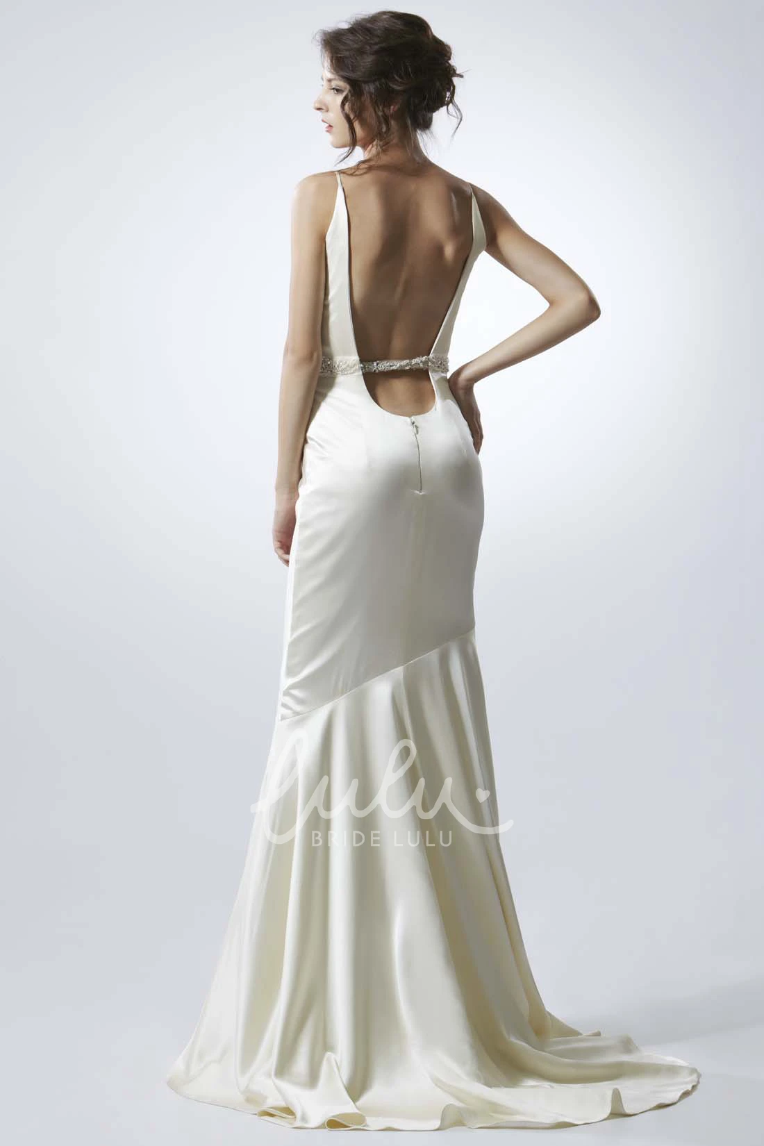Jeweled Satin Spaghetti Wedding Dress with Brush Train and V Back Glamorous Floor-Length Style