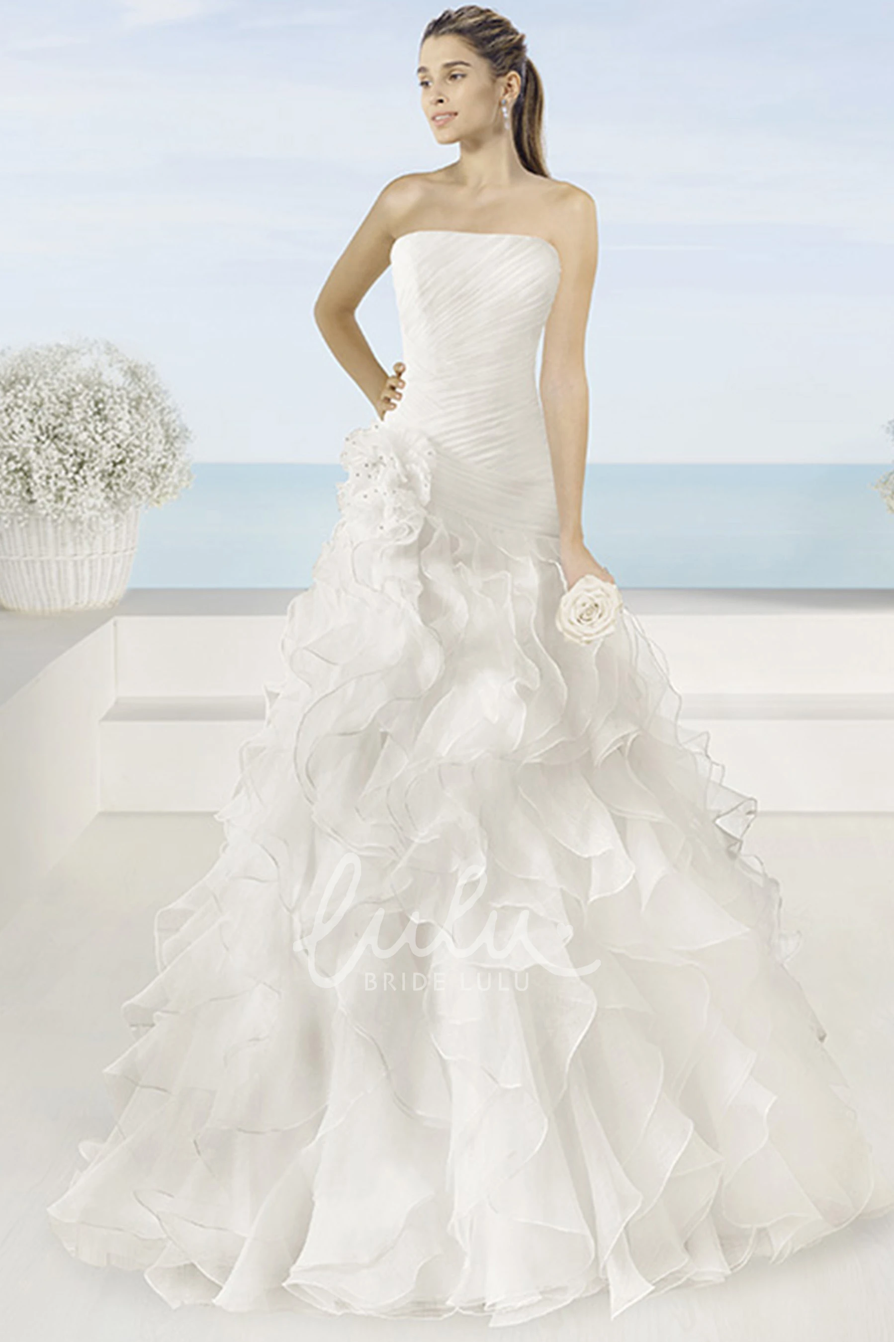 Organza Strapless Wedding Dress A-Line with Ruched Long Sleeves and Cascading Ruffles