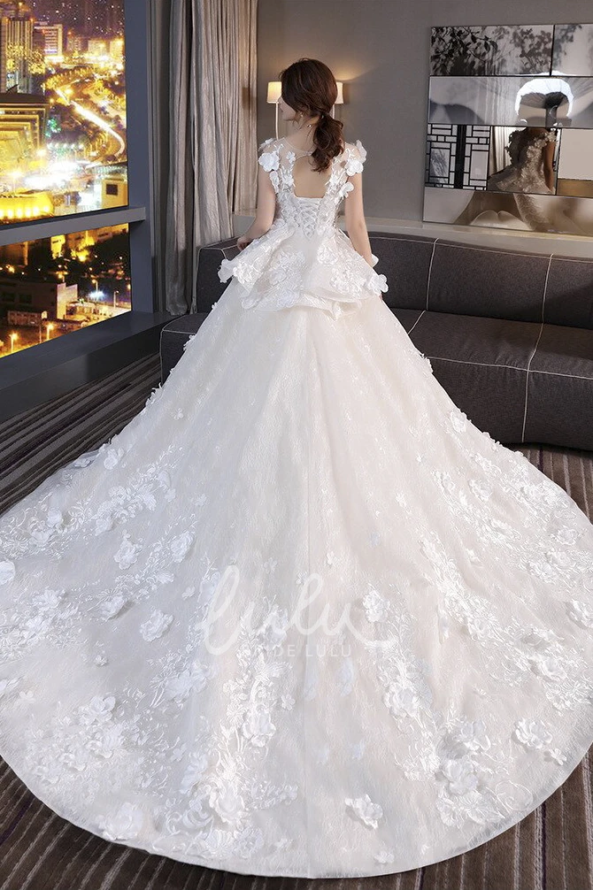 Princess Cap Sleeve Lace Wedding Dress with 3D Floral Appliques and Peplum Skirt