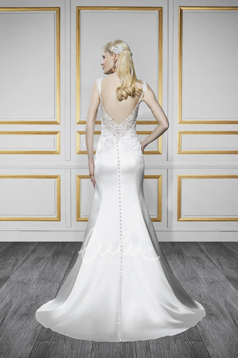 Sleeveless Lace&Satin Wedding Dress with Brush Train Trumpet Appliqued V-Neck Deep-V Back