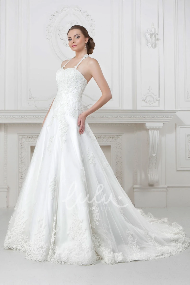 Spaghetti Appliqued Lace&Satin A-Line Wedding Dress Flowy Beach Bridal Gown