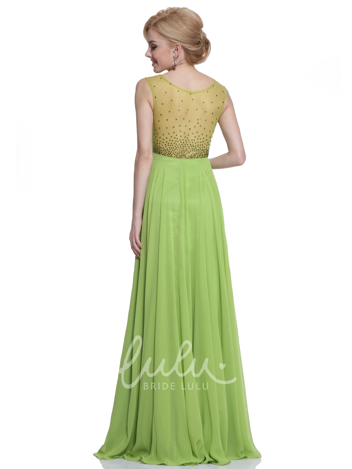 Maxi V-Neck A-Line Prom Dress with Beading and Pleats Sleeveless Empire Chiffon Illusion