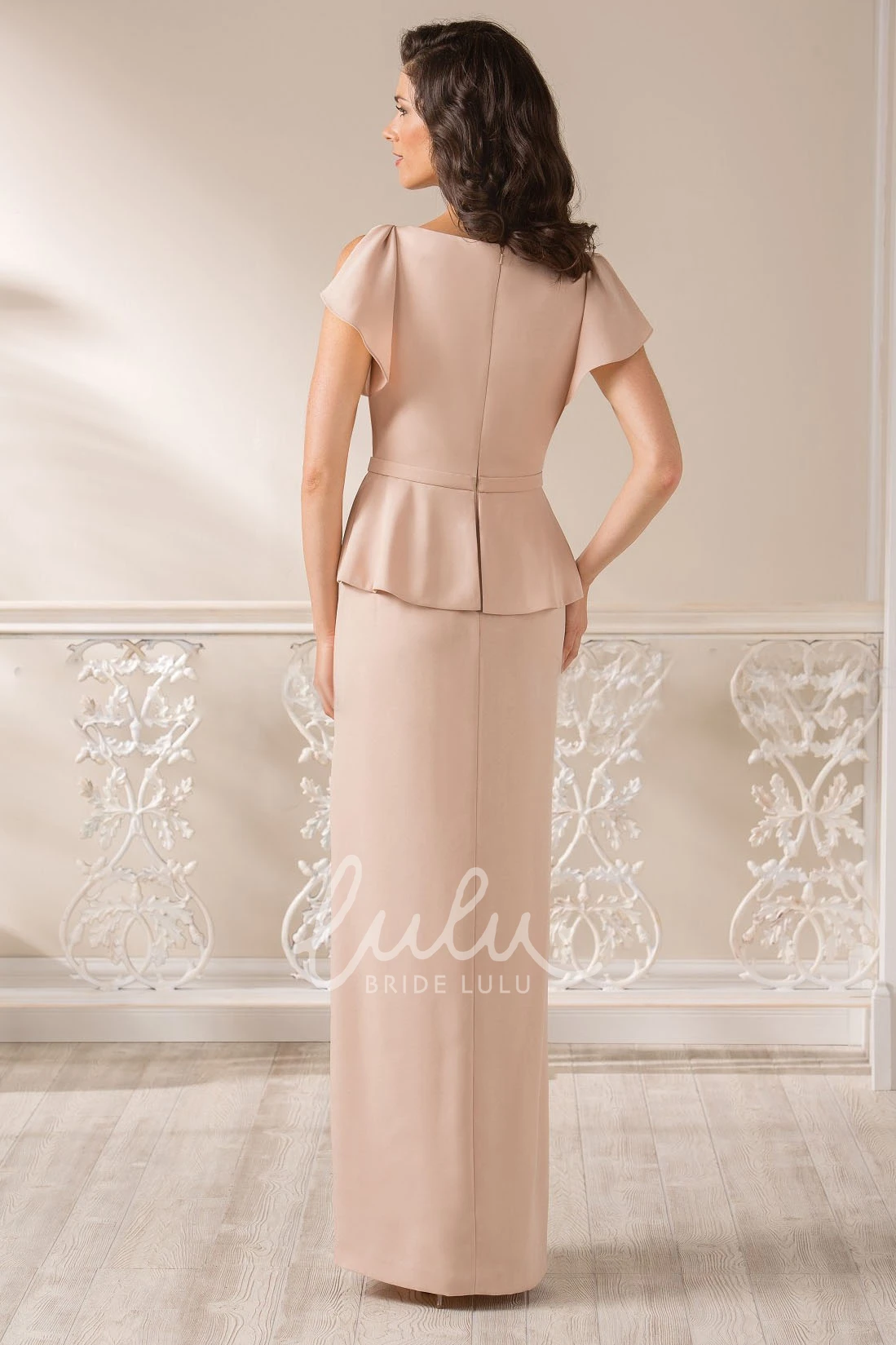Ruffled V-Neck Mother of the Bride Dress with Cap-Sleeves and Side Slit