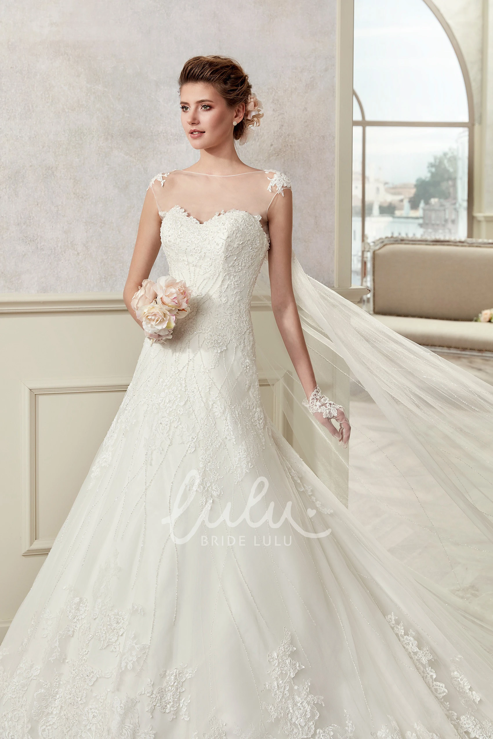 Lace A-Line Wedding Dress with Jewel Neckline and Cap Train Elegant Bridal Gown
