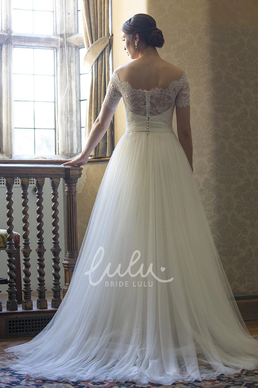 Illusion Beaded A-Line Wedding Dress Short-Sleeve Bateau-Neck Lace&Tulle