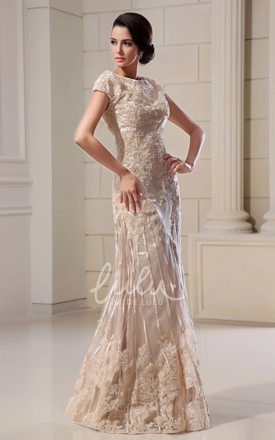 Lace Applique Maxi Dress Romantic High-Neck Column