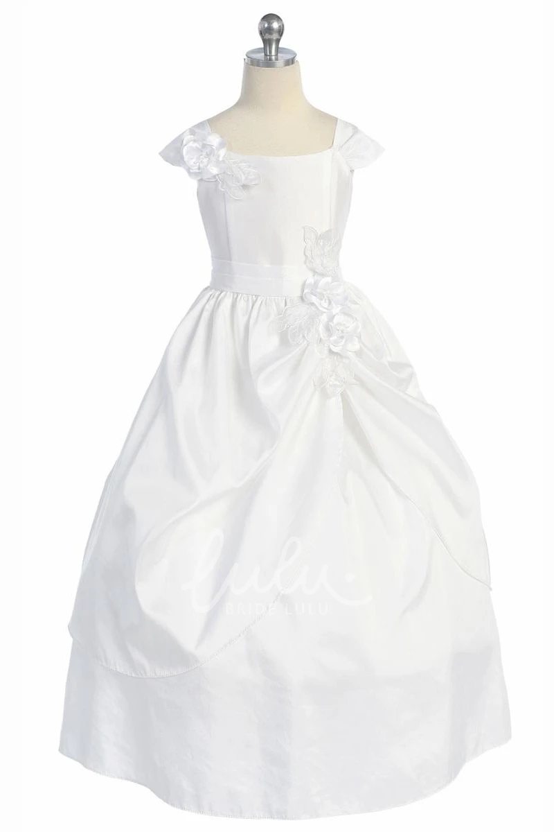 Floral Tiered Lace&Taffeta Ankle-Length Flower Girl Dress with Sash Elegant Wedding Dress