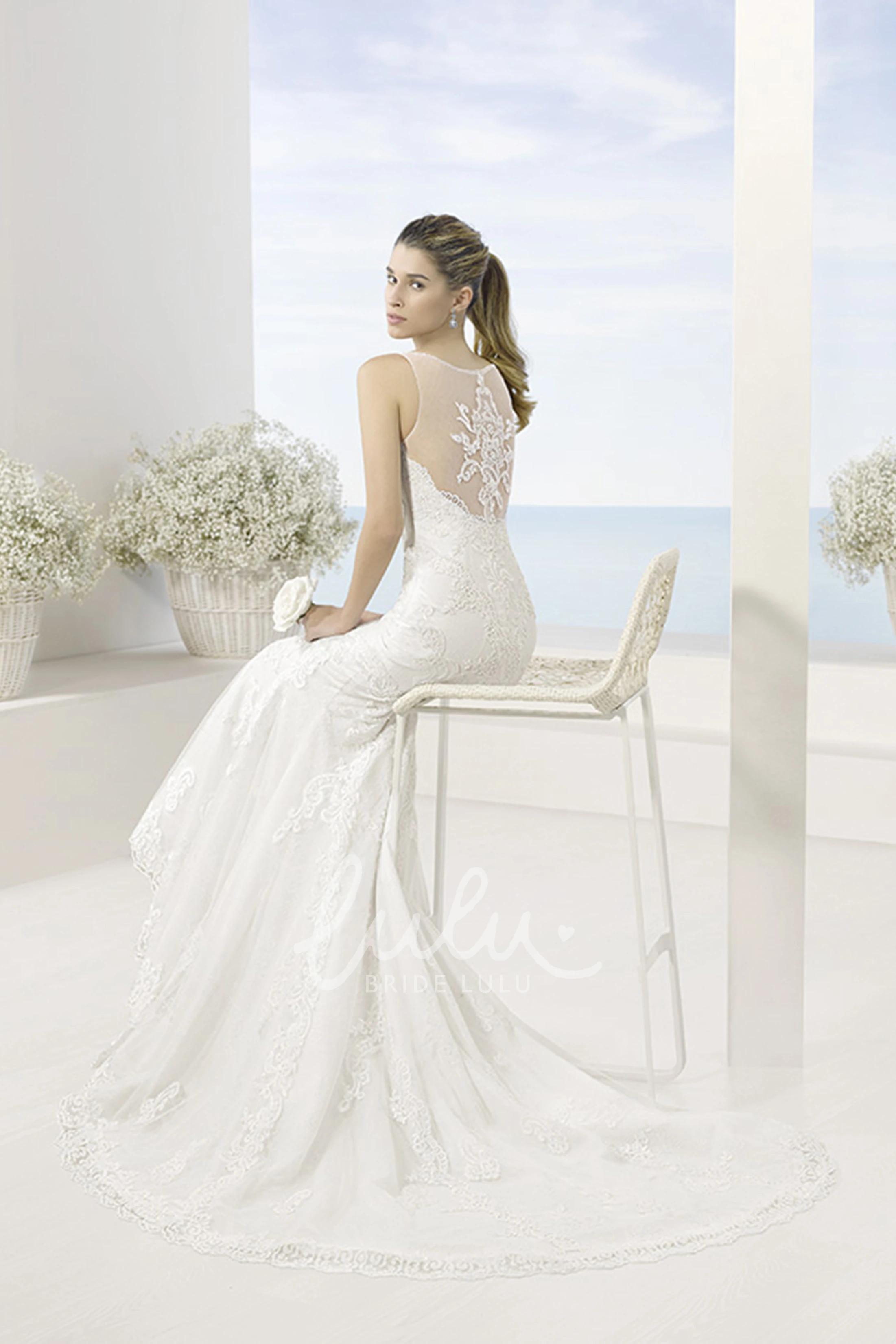 Mermaid Spaghetti Lace Wedding Dress with Court Train and Illusion Back