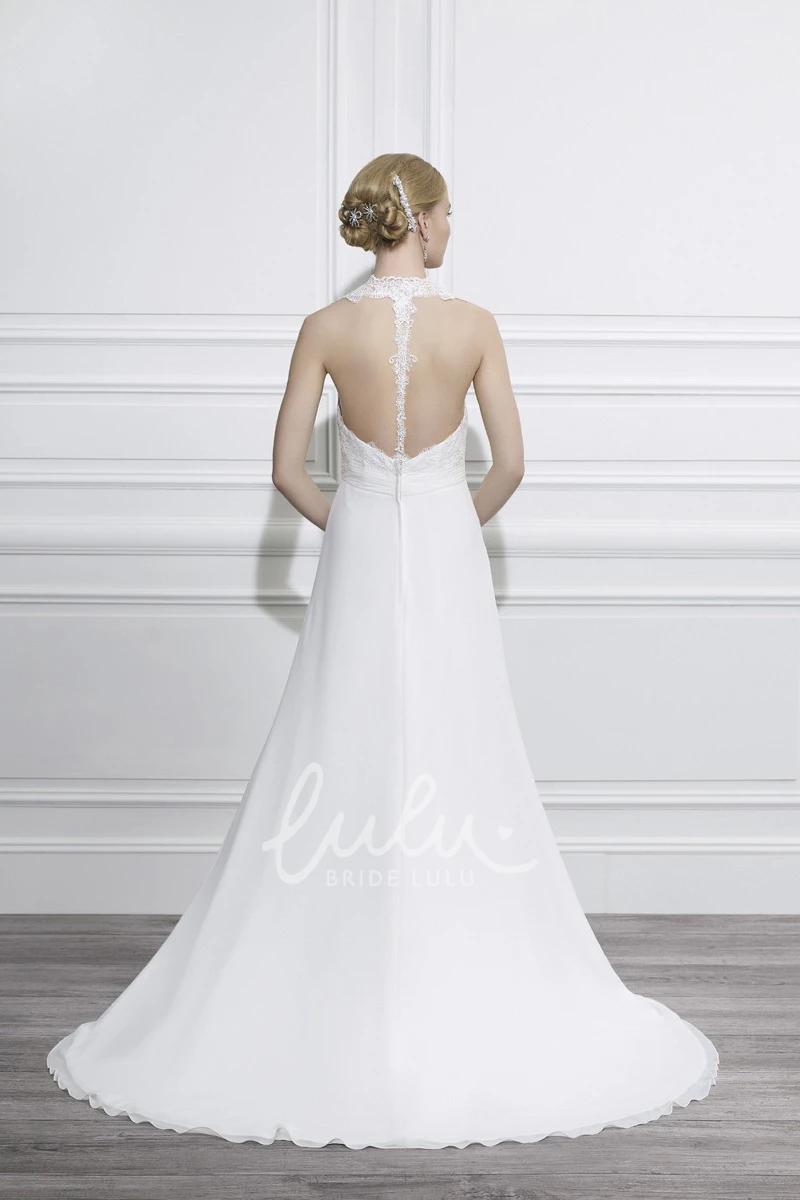 Cap-Sleeve Chiffon V-Neck Wedding Dress with Applique Detail and Court Train