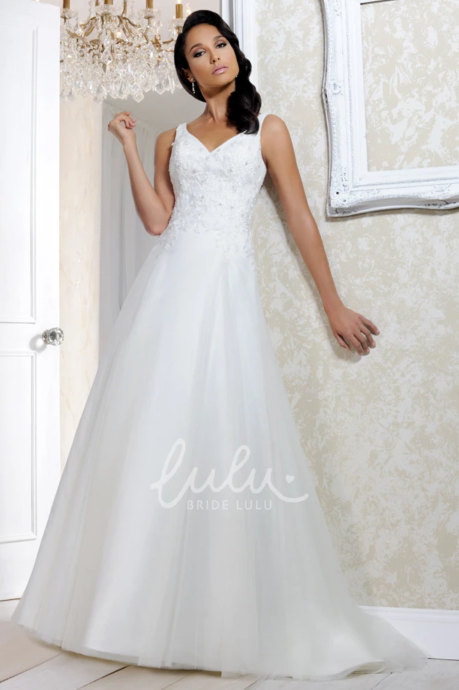 Tulle Appliqued Wedding Dress with V Back Floor-Length Sweetheart