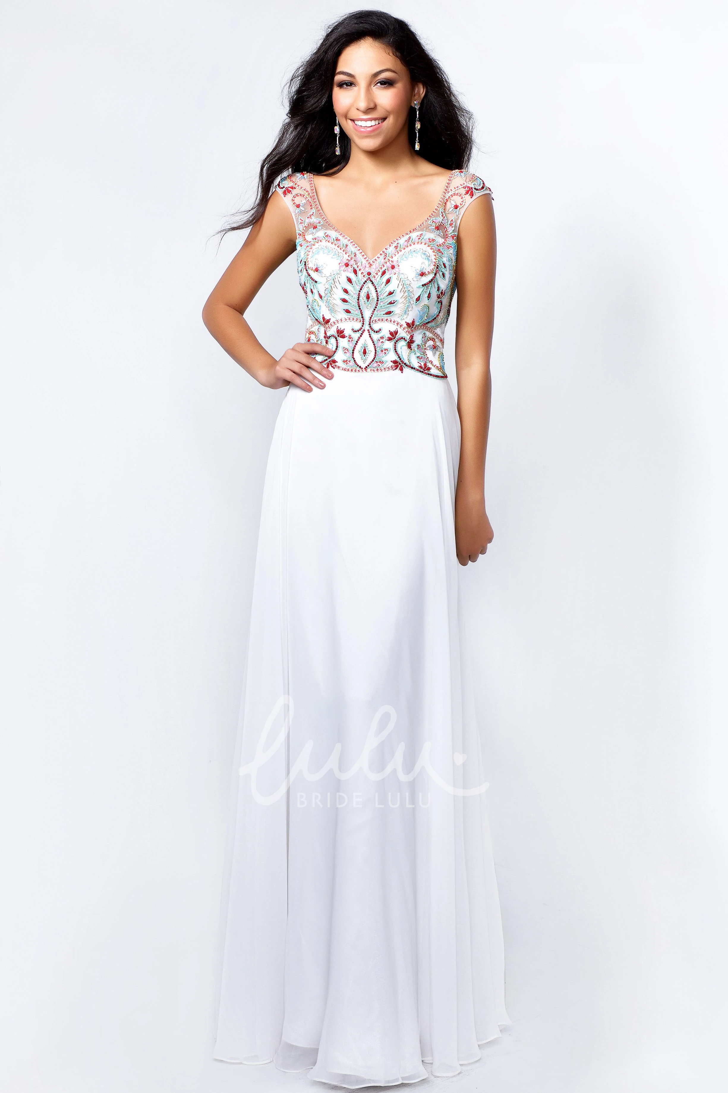 Applique V-Neck Cap-Sleeve A-Line Formal Dress with Low-V Back