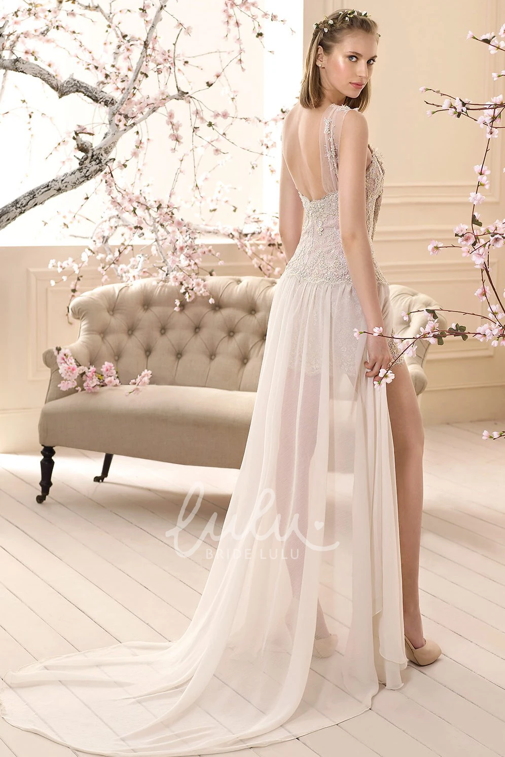 Sleeveless Lace Sheath Wedding Dress with Appliques and Split Front