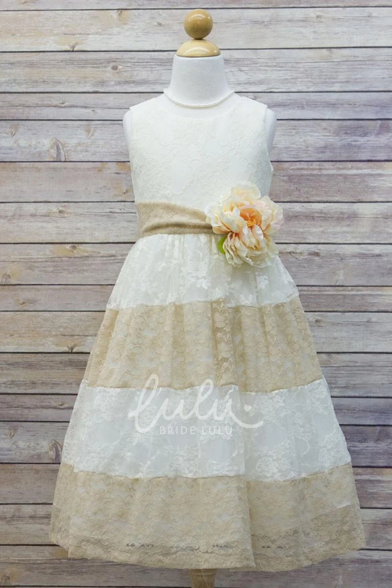 Floral Lace Tea-Length Flower Girl Dress Unique Tiered Style