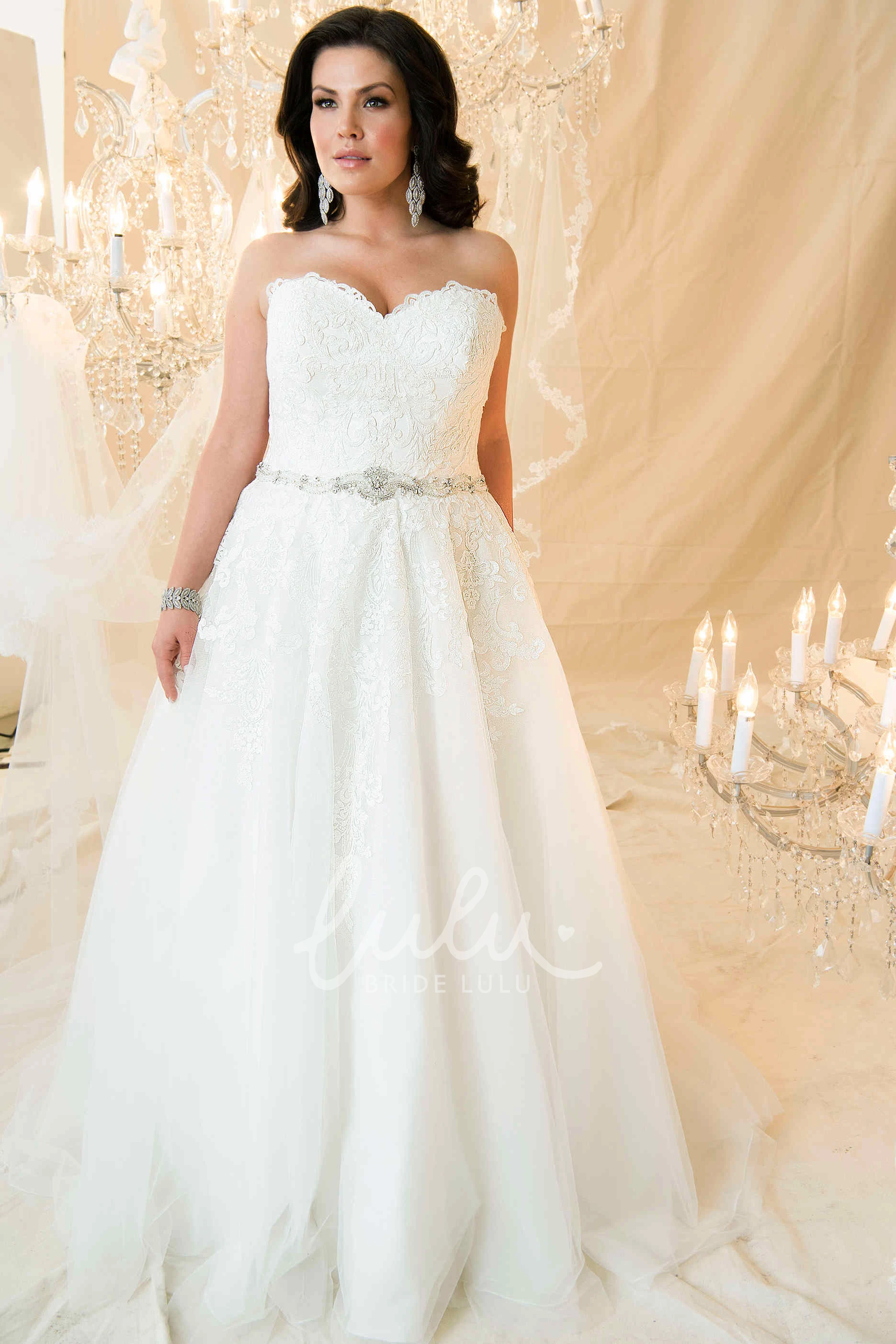 Jeweled Lace A-Line Plus Size Wedding Dress with Appliques and Corset Back Sweetheart Maxi