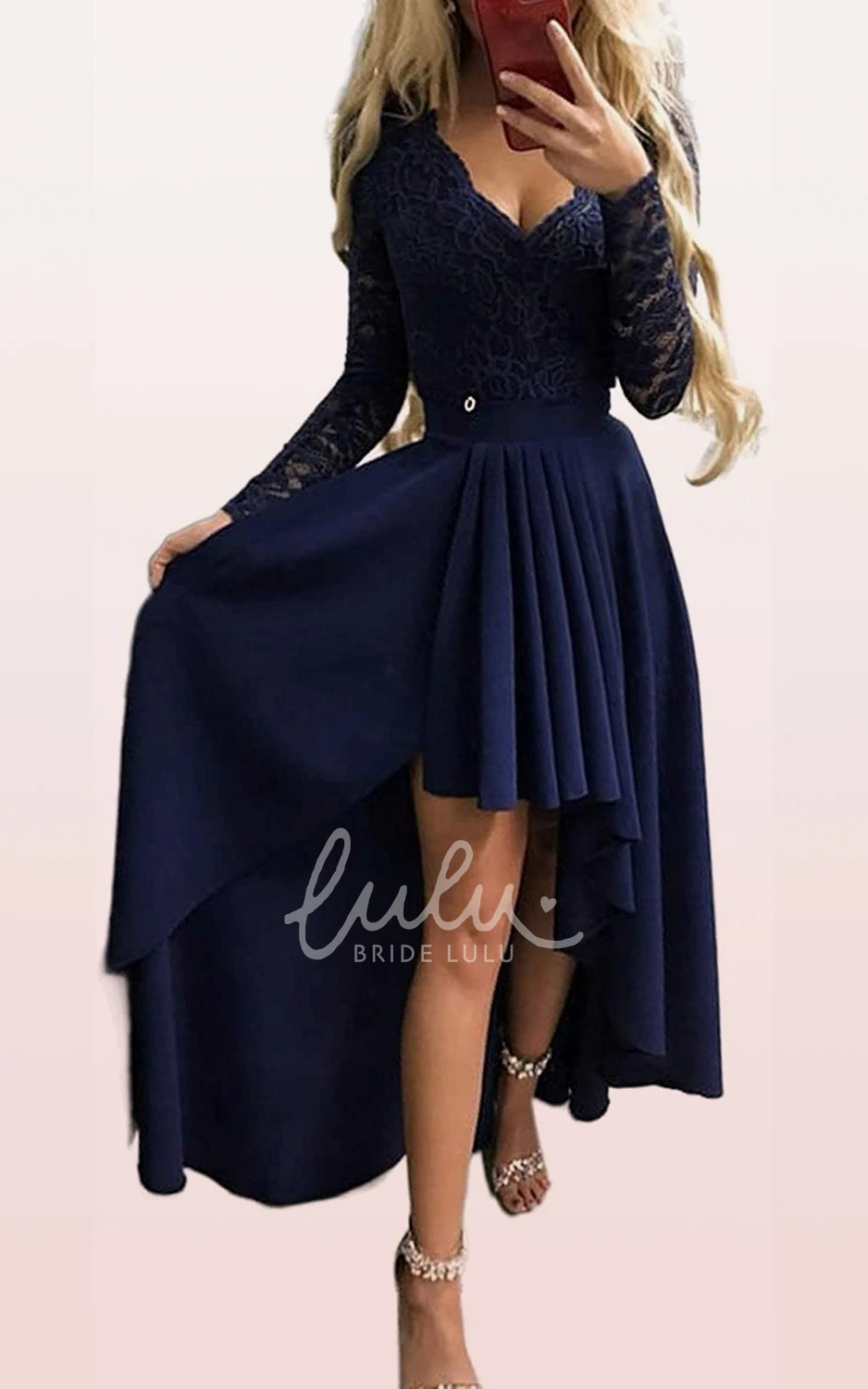 Long Sleeve Lace Taffeta Illusion Formal Dress with Ruffles