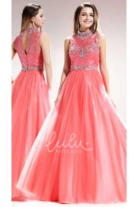 High Neck Sleeveless Tulle Satin Formal Dress with Beading and Lace A-Line Long