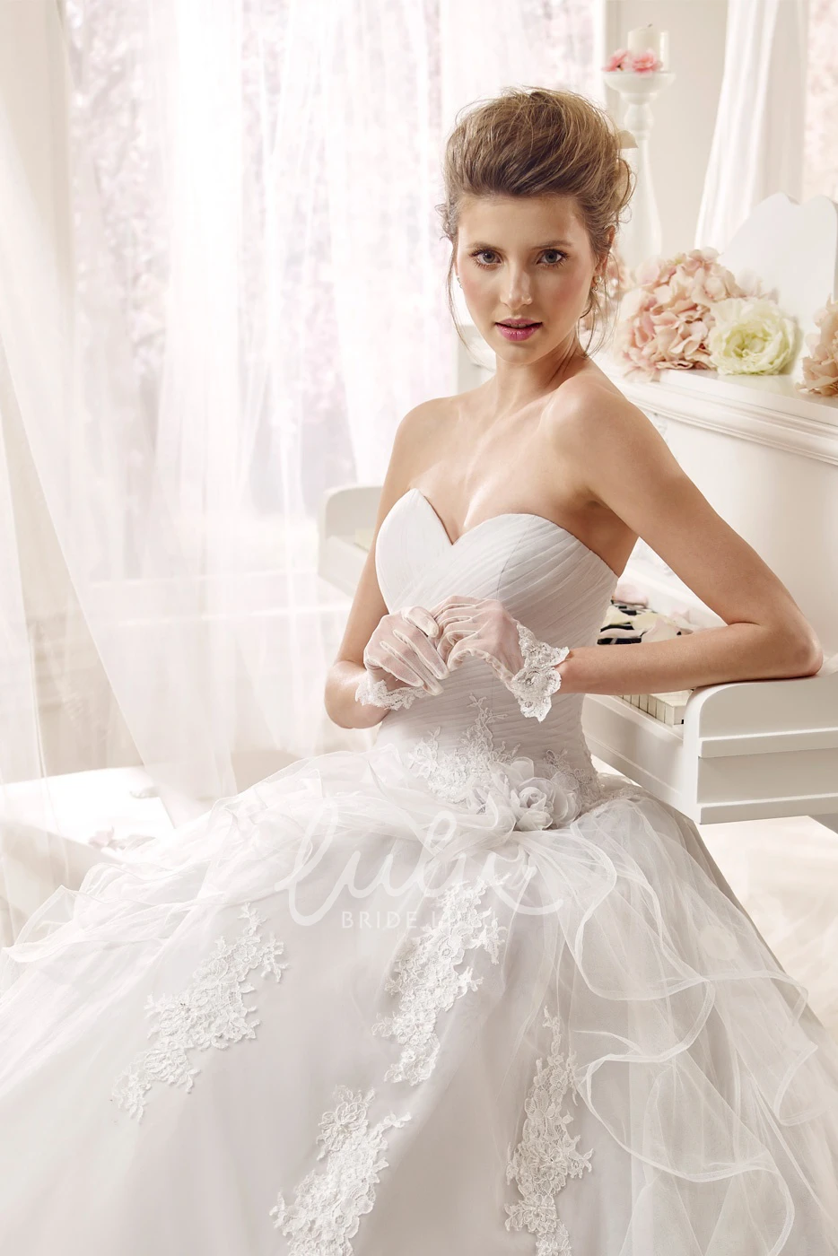 A-line Wedding Dress with Asymmetrical Ruching and Flowers Sweetheart Flowy