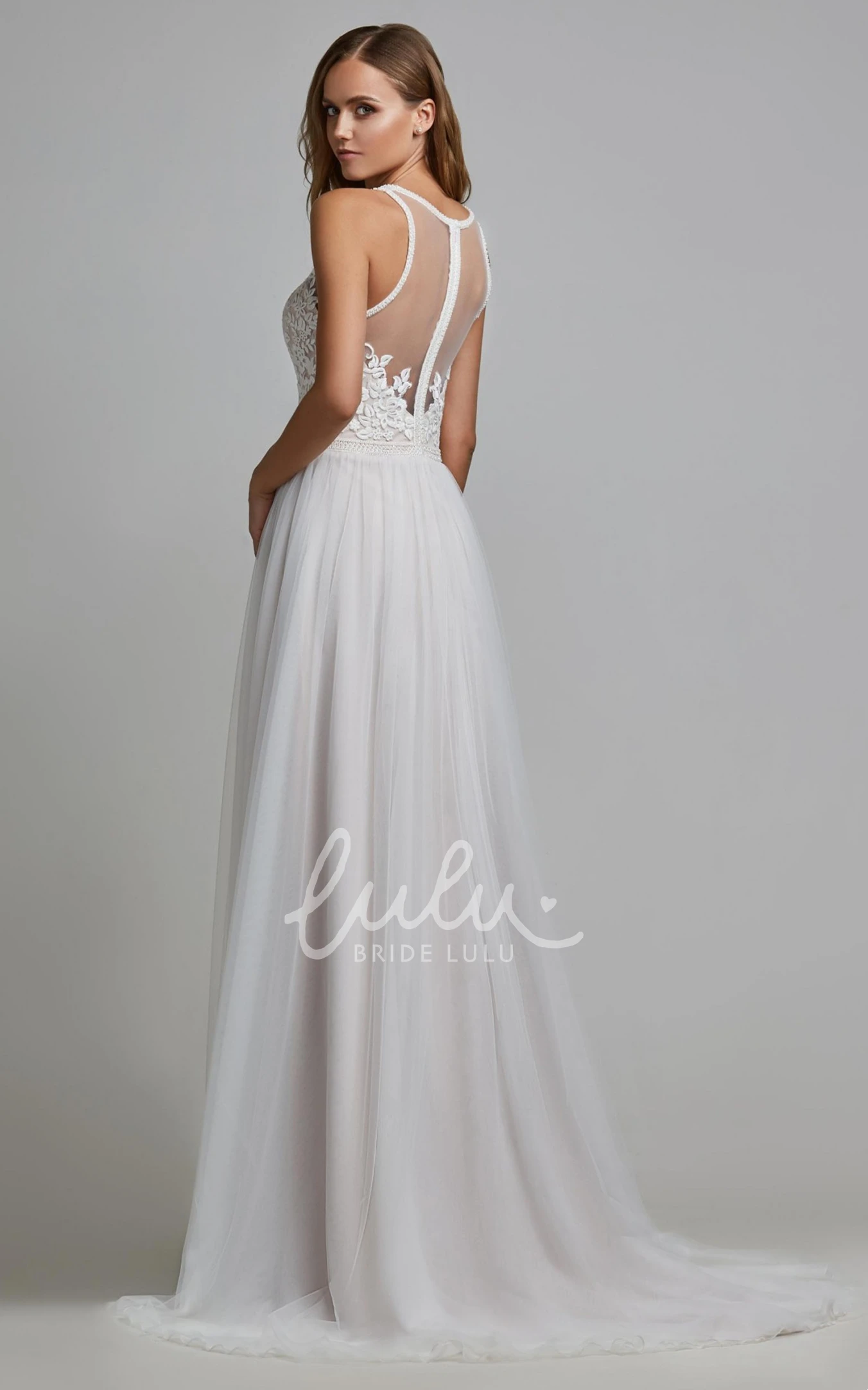 A Line Tulle Wedding Dress with Appliques and Ruching Casual Bridal Gown