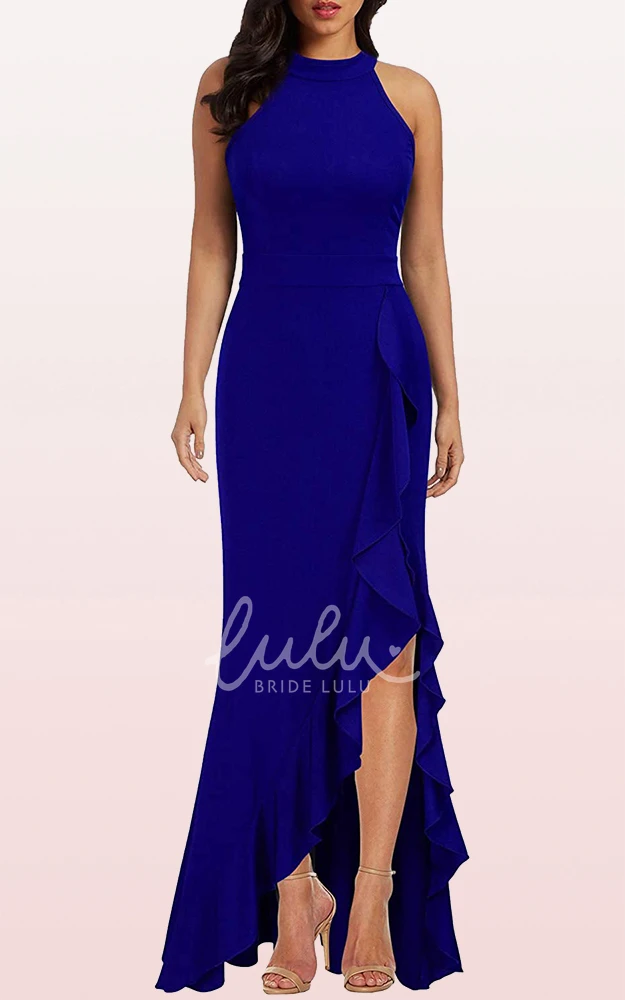 Halter Sheath Sleeveless Formal Guest Dress with Ruffles Elegant Split Front Jersey