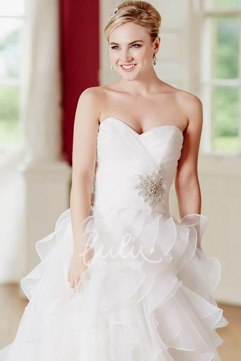 Ruffled Sweetheart Tulle Wedding Dress with Criss Cross and Broach Floor-Length