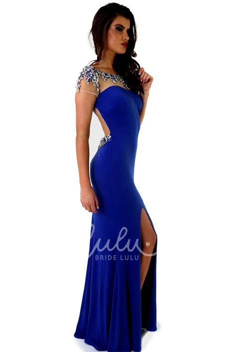 Beaded Jersey Sheath Prom Dress with Split Front and Cap-Sleeve Scoop Unique Prom Dress