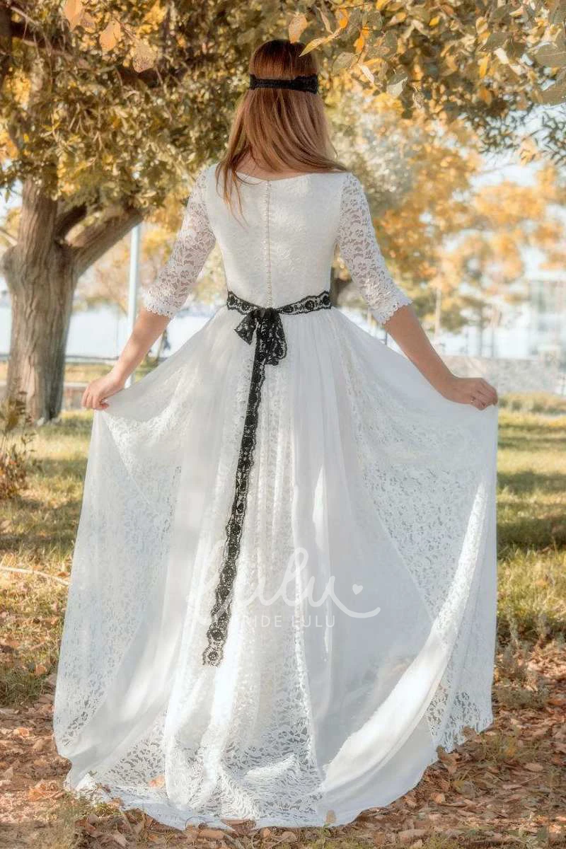 Half Sleeve Lace Ribbon Wedding Dress with Bateau Neckline