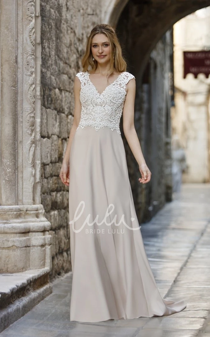 V-neck Boho Sheath Bridal Gown Brush Train Satin Lace with Button Short Sleeve