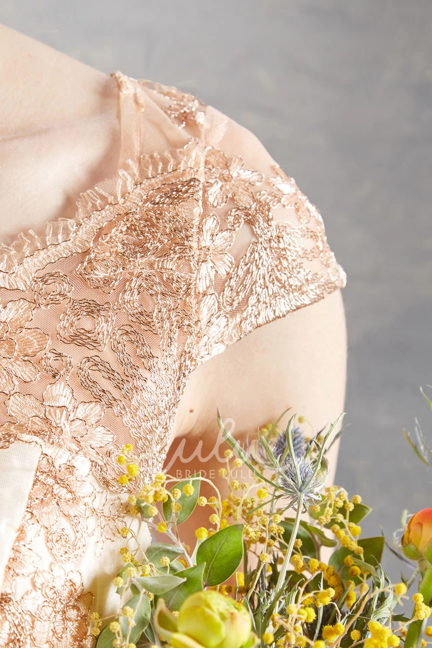 Cap Sleeve Lace Wedding Dress Tea-Length A-Line Bateau Neck Appliqued