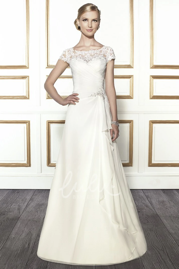 A-Line Cap-Sleeve Wedding Dress with Appliques Floor-Length Chiffon