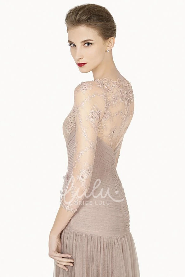 Lace Top Tulle Long Prom Dress with Illusion Back and 3-4 Sleeve