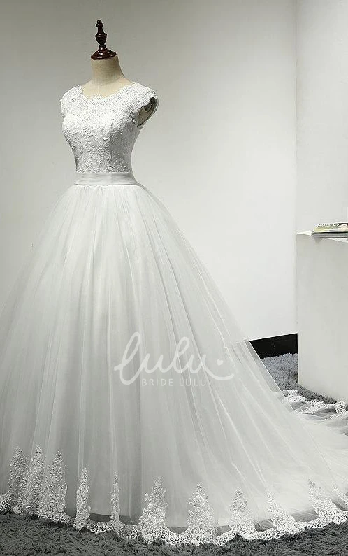 Cap Sleeve Tulle Ball Gown Jewel Neck Scalloped Hem Wedding Dress