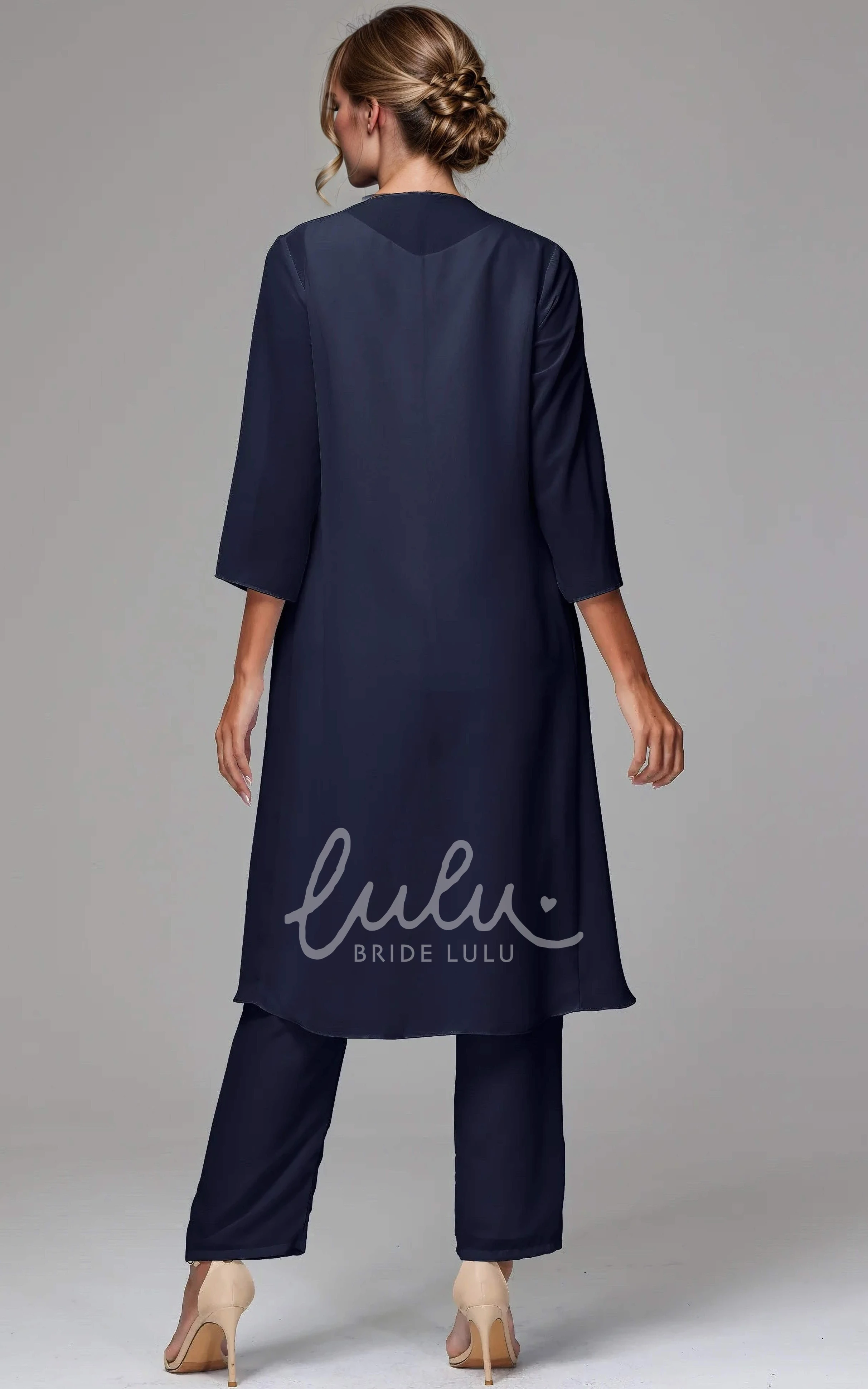 Elagant Dark Navy Blue 3 Pieces Sleeved Chiffon Bateau Neckline Mother of the Bride Pant Suit