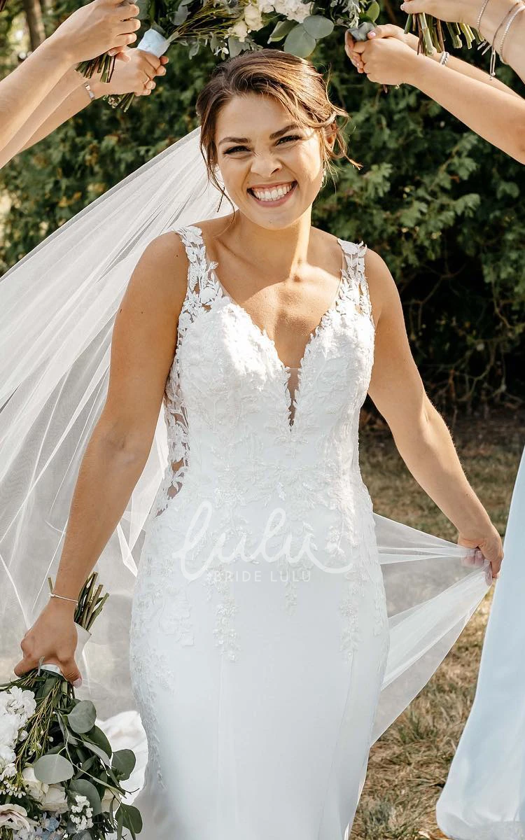 Garden Elegant Mermaid Applique Straps Wedding Dress with Court Train Button Back