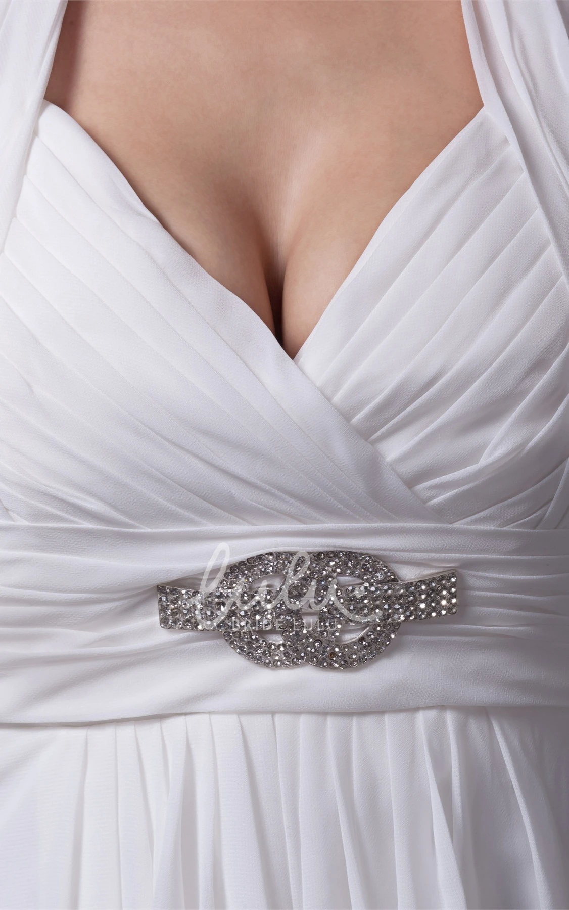 Halter A-Line Dress with Ruching and Beadings Knee-Length Sleeveless Classy