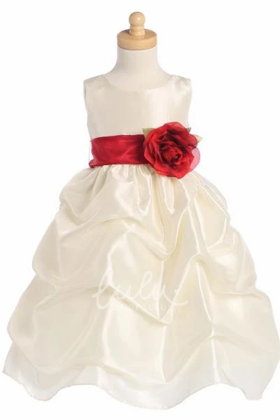Ruched Taffeta Flower Girl Dress with Floral Print Tea-Length