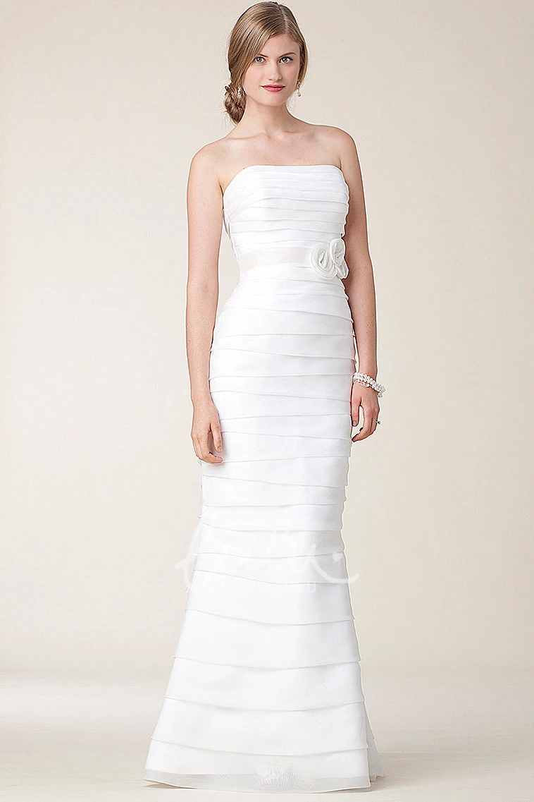 Satin Strapless Sheath Wedding Dress with Tiers and Bow Elegant Bridal Gown