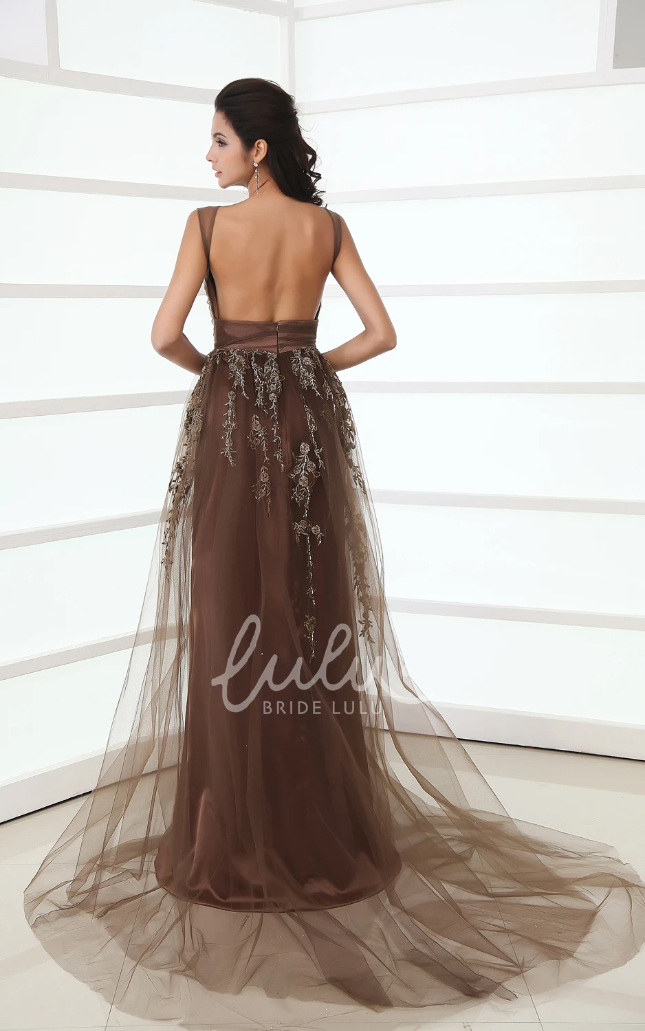 Tulle Cap-Sleeved A-Line Backless Gown With Sequins And Embroidery