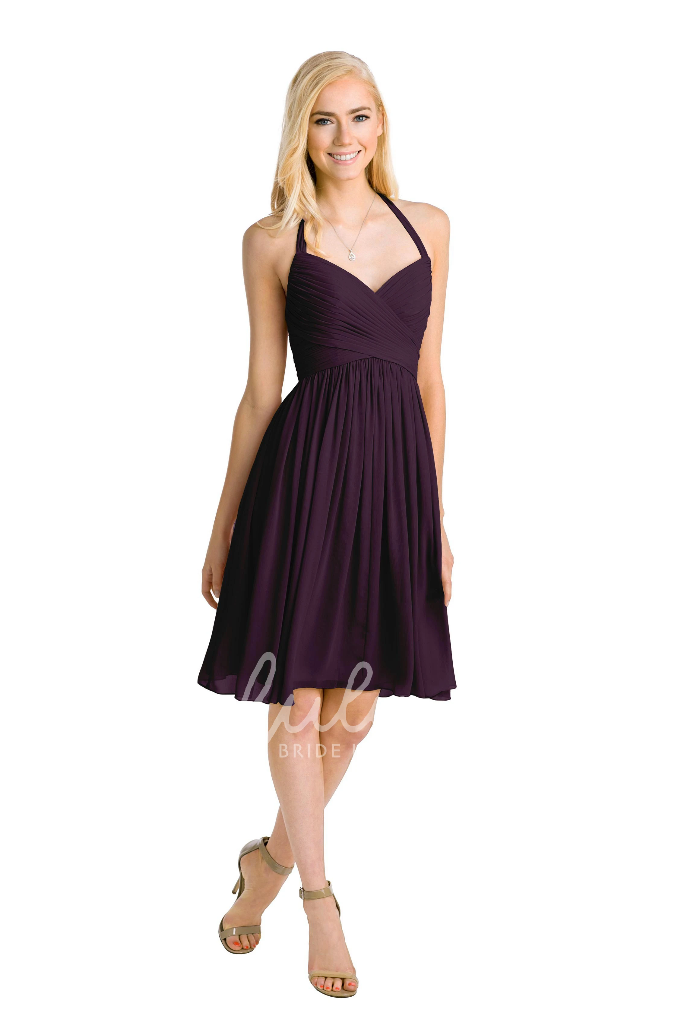 Halter Sleeveless Chiffon Bridesmaid Dress Knee-Length Criss-Cross Multi-Color