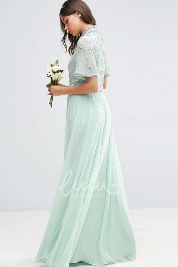 High Neck Bell Sleeve Chiffon Bridesmaid Dress with Pleats Floor-Length