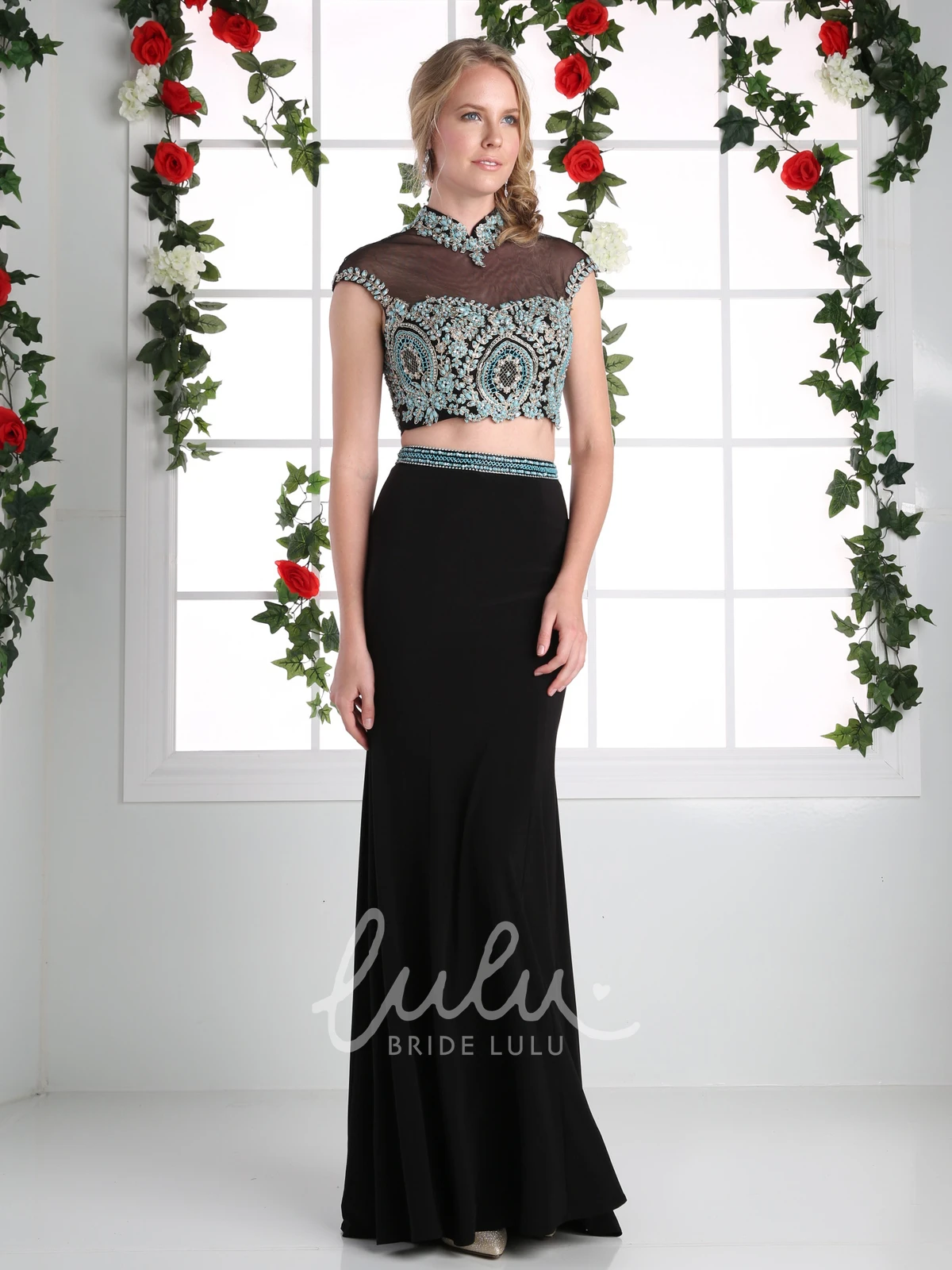 High Neck Cap-Sleeve Jersey Formal Dress With Beading