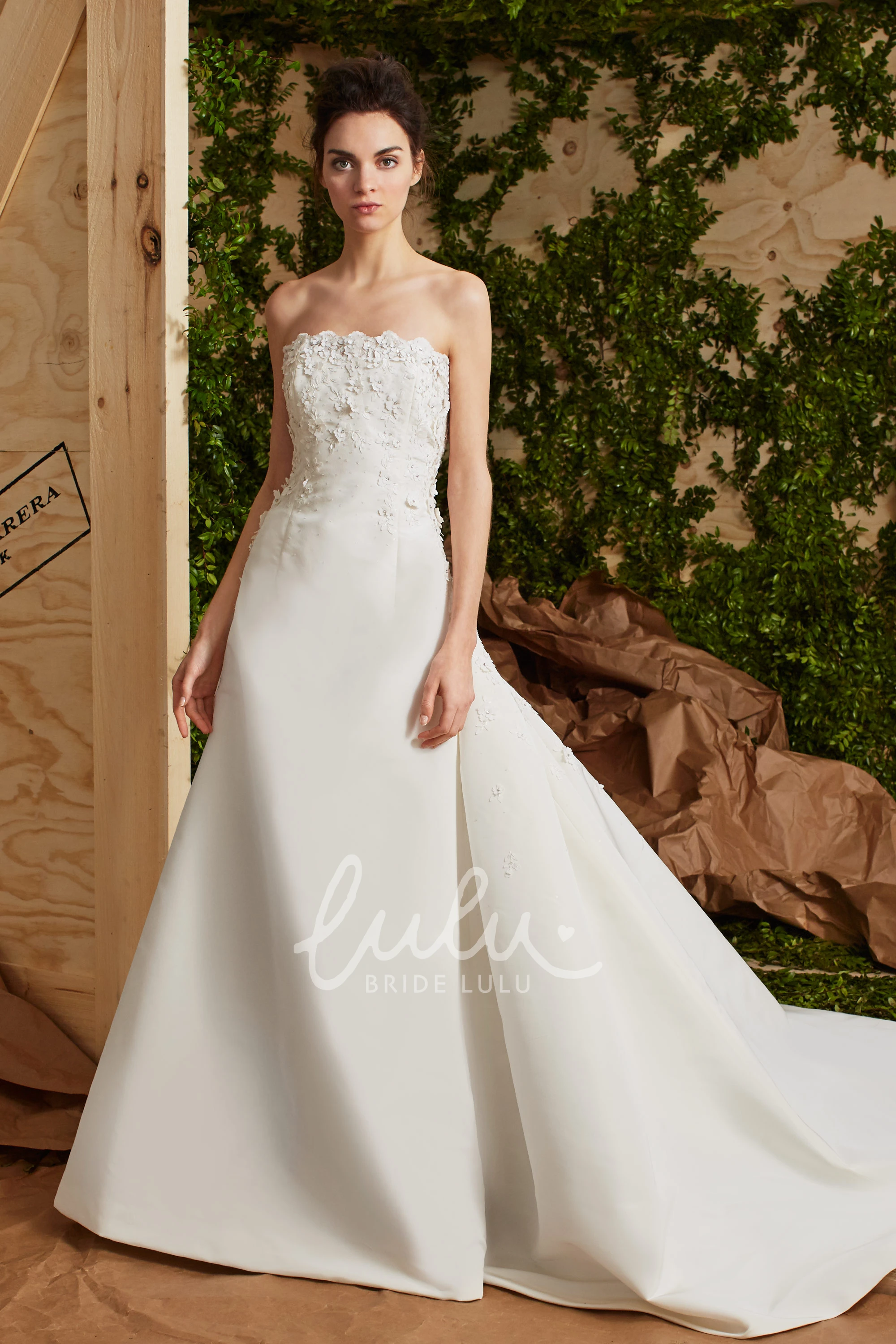 Satin Strapless Appliqued Wedding Dress A-Line Style with Floor-Length