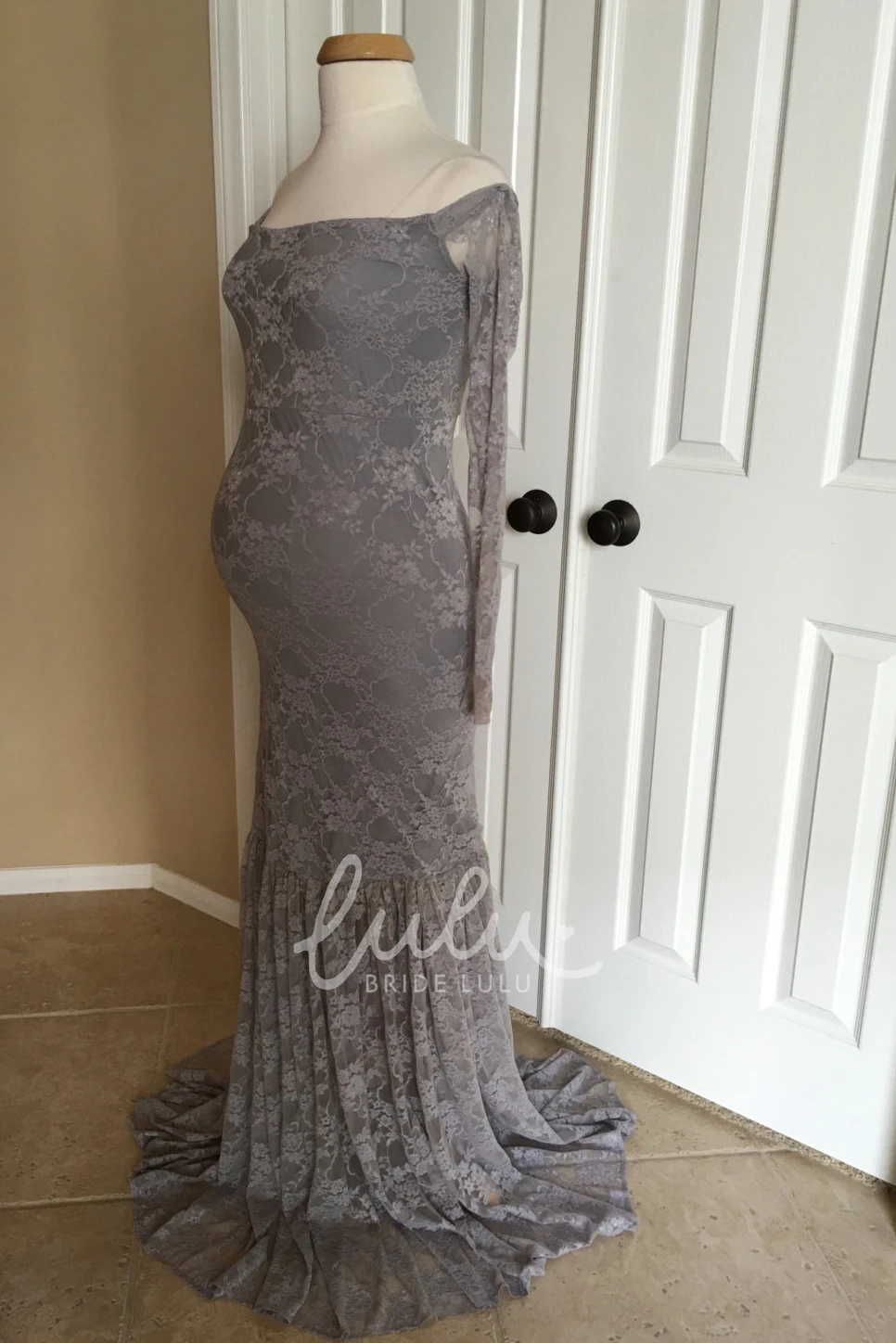 Lace Off-the-shoulder Maternity Bridesmaid Dress with Long Sleeves
